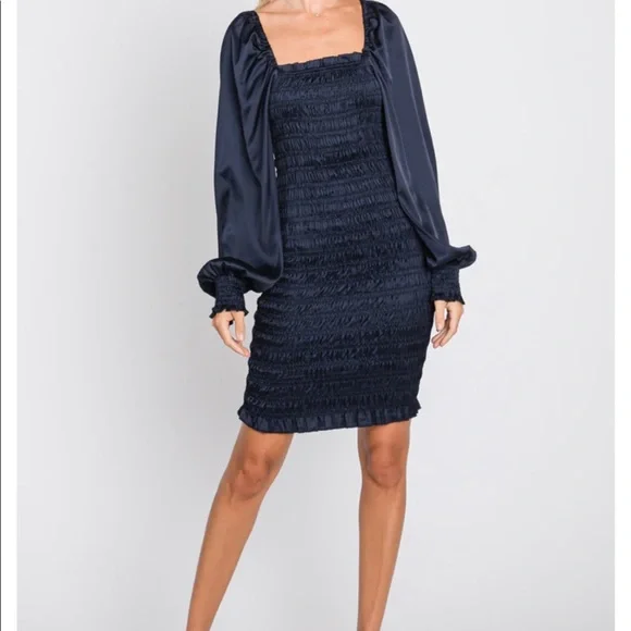 Navy Blue Smocked Dress - Picture 2 of 5